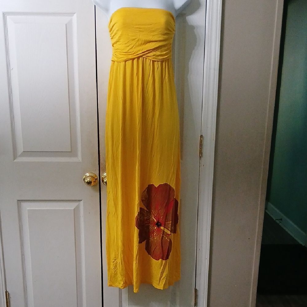 Moa Moa yellow floral hibiscus print strapless summer maxi dress Sz S EUC